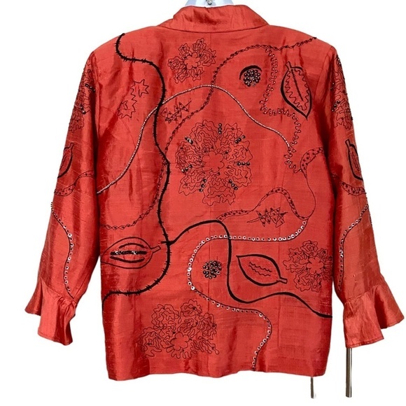 Orange Silk Button-down Blazer Jacket Top Large Artsy Beaded - Picture 2 of 15